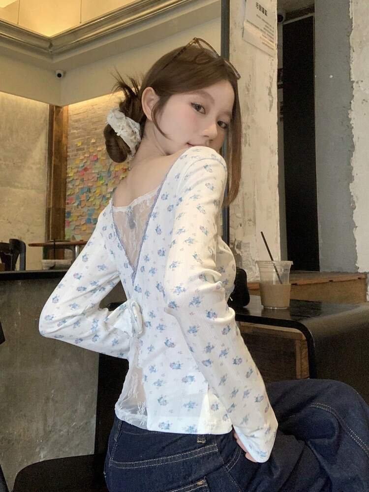 Camiseta de verano de manga larga con estampado integral y parches de encaje, estilo coreano para mujer