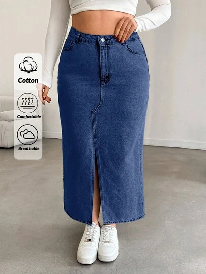 EURMUSE Plus High Waist Front Slit Denim Skirt