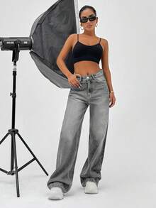 SHEIN Cottnline 100% Cotton HIGH RISE WIDELEG FIT VINTAGE WASH WOMEN BAGGY JEANS - Dark Grey - View 6