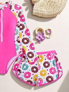 SHEIN Bộ đồ bơi cho bé gái tuổi teen, dễ thương và kín đáo, màu đỏ hồng, in họa tiết bánh donut, vải dệt kim, có khóa kéo, tay dài, hai mảnh, đồ bơi liền thân với quần đùi bốn góc, thời trang và thoải mái, tinh tế và lộng lẫy, thích hợp cho bơi lội, thích hợp cho kỳ nghỉ hè, bãi biển, hồ bơi, tiệc mùa hè, kỳ nghỉ thư giãn. Đồ bơi tay dài họa tiết bánh donut cho bé gái, bộ đồ bơi tay dài cho bé gái, đồ bơi tay dài với quần đùi, đồ bơi tay dài họa tiết bánh donut cho bé gái, đồ bơi chống nắng cho bé gái, đồ bơi in hình bánh donut, đồ bơi tay dài màu hồng cho bé gái. - Màu Hồng Tươi - Xem 5