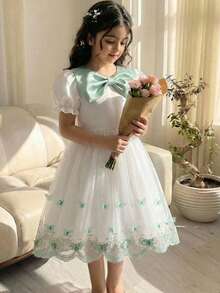 1pc Girls Green Satin Bow Tie Collar Open Back Ruffle Hem Mesh Butterfly Decor Dress, Fresh & Fashionable Casual/Vacation Princess Dress - Blue - View 3
