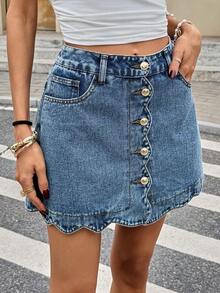 Serisse 女士休闲前扣牛仔迷你裙，夏季 - 藍色 - 查看 5