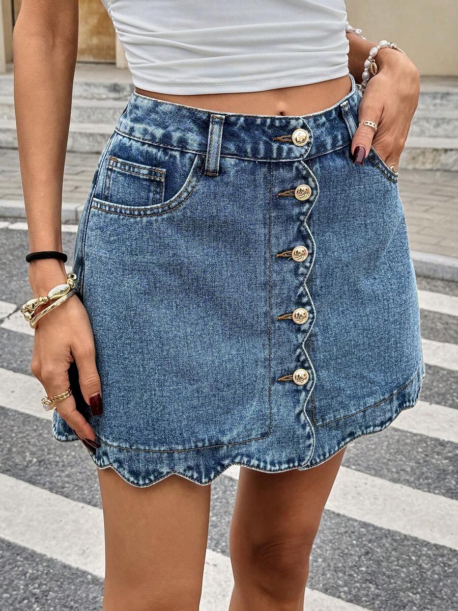 Serisse 女士休闲前扣牛仔迷你裙，夏季 - 藍色 - 查看 1