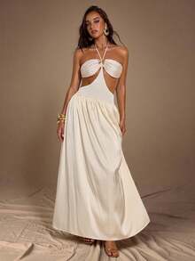 SHEIN BAE Women's Solid Color Halter Tie Backless Metallic Decor Ruched Dress, Fashionable For Party And Events Cream Dress Goddess Dress - Apricot - View 4