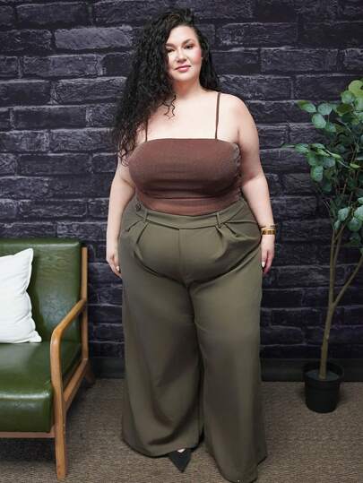 Truni 大码曲线女装优雅派对晚宴休闲约会不对称腰巧克力棕色阔腿裤女士长裤大码工作裤优雅女装大码秋季服装大码高腰休闲裤大码教师裤