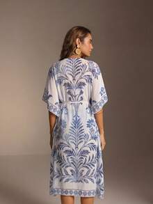 Swim Vcay Kimono suelto con flecos en las mangas de unicolor para mujer, adecuado para vacaciones - Azul y blanco - Ver 2
