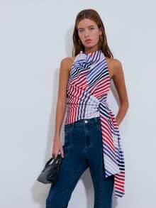 Nöista Halter Cowl Neck Top Features Bold Diagonal Stripes In Red, Navy, And White With A Draped Tie Detail. Spring, Summer, Easter. - Red - View 1