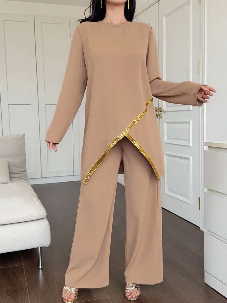 Women's Elegant Sequin Patchwork Asymmetric Hem Pullover Sweater And Wide Leg Pants 2 Pieces Set, Spring/Summer
