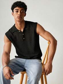 SWAVVY Men's Solid Color Sleeveless Knit Top, Polo Shirt For Summer,Vacation - Black - View 4