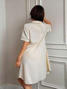 Napfluff 条纹清新短袖睡衣连衣裙，纯色睡袍，适合春夏穿着的女士睡衣连衣裙，带口袋的女士连衣裙 - 杏色 - 查看 2