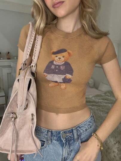 CovetEZ Women's Casual Bear Print Fitted Cropped Knit Top