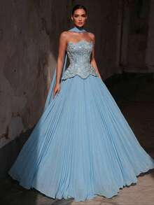 Glamrae 优雅奢华的珍珠串珠蕾丝拼接喇叭形薄纱荷叶边连衣裙，适合婚礼、派对、度假、舞会、晚礼服（装饰繁复） - 淺藍色 - 查看 2