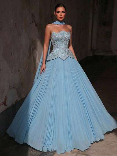 Glamrae Elegante y lujoso vestido con volantes de tul, parches de encaje y cuentas de perlas, adecuado para bodas, fiestas, vacaciones, bailes y galas (muy adornado)