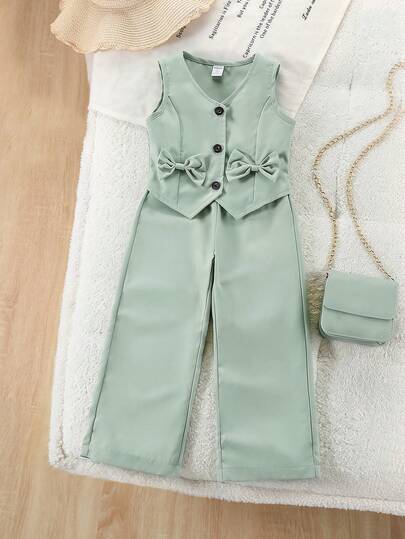 Elladie kids 2pcs Beige Camisole With Front Button Bow Decor & Wide Leg Pants Set, Suitable For Casual, Events, Formal, Back To School Outfits