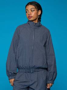 COUREZ Veste de survêtement zippée à col montant style quadrillé/Y2K printemps pour femmes, vestes bleues, vestes légères, vestes d'été mignonnes pour sortir, vestes d'été pour festival de printemps-été, veste de sport à col cheminée - Bleu azur - Voir 1