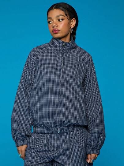 COUREZ Veste zippée col montant style sportif à carreaux / Vêtements printemps Y2K pour femmes, vestes bleues, vestes légères, tenues de sortie mignonnes, vestes d'été, tenues d'été