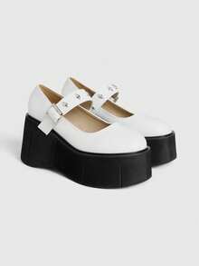 Sugerpunk Modische Damen Lässig Frühling/Sommer Mary Jane Keilabsatz Plateau Schuhe, Gothic Punk Stil Dunkel Serie Einzelner Riemen Nieten Elastik Schnalle Runde Spitze Niedrig-Geschnittene Schuhe für Nachtclubs, Partys, Festivals und täglichen Gebrauch. - Weiss - Übersicht 3