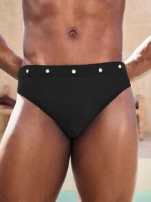 Manfinity VDAYZ Couple Matching Swimwear Black Bikini Wear Men's Triangle Swim Trunk, Solid Color Eyelet Detail Summer Casual Holiday Beach Wear - Black - View 2
