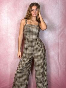 Aless PB 无袖格子连体裤，带吊带和收腰，复古风格，格子连体裤，阔腿裤，卡其裤，老钱风格，返校服装，秋季女装，90 年代时尚连体裤， - 摩卡棕 - 查看 1