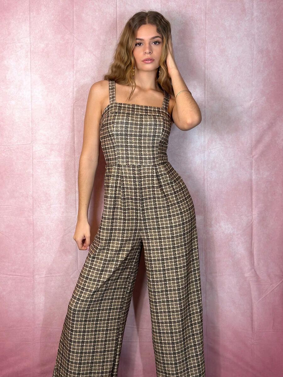 Aless PB 无袖格子连体裤，带吊带和收腰，复古风格，格子连体裤，阔腿裤，卡其裤，老钱风格，返校服装，秋季女装，90 年代时尚连体裤， - 摩卡棕 - 查看 1