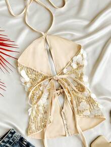 Roelina Vacation Stylish Sequin Backless Halter Neck Blouse For Women - Yellow - View 2