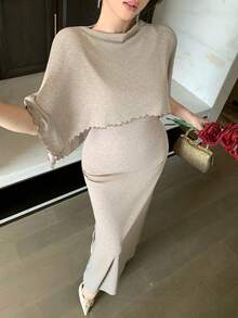 DAZY Taupe Summer Elegant Tea Party 2-Piece Set,Shawl Collar Crop Top T-Shirt & Camisole Dress,Fitted,Wedding,Valentine's Day,Formal Occasion,Office Wear - Camel - View 8