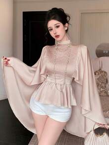 DAZY Áo kiểu tay lửng màu trơn thanh lịch dành cho nữ dự tiệc - Màu be - Xem 6