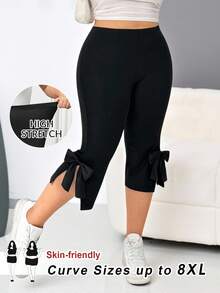 SHEIN CURVE+ 大码女装春夏休闲侧开衩蝴蝶结七分裤 - 黑色 - 查看 1