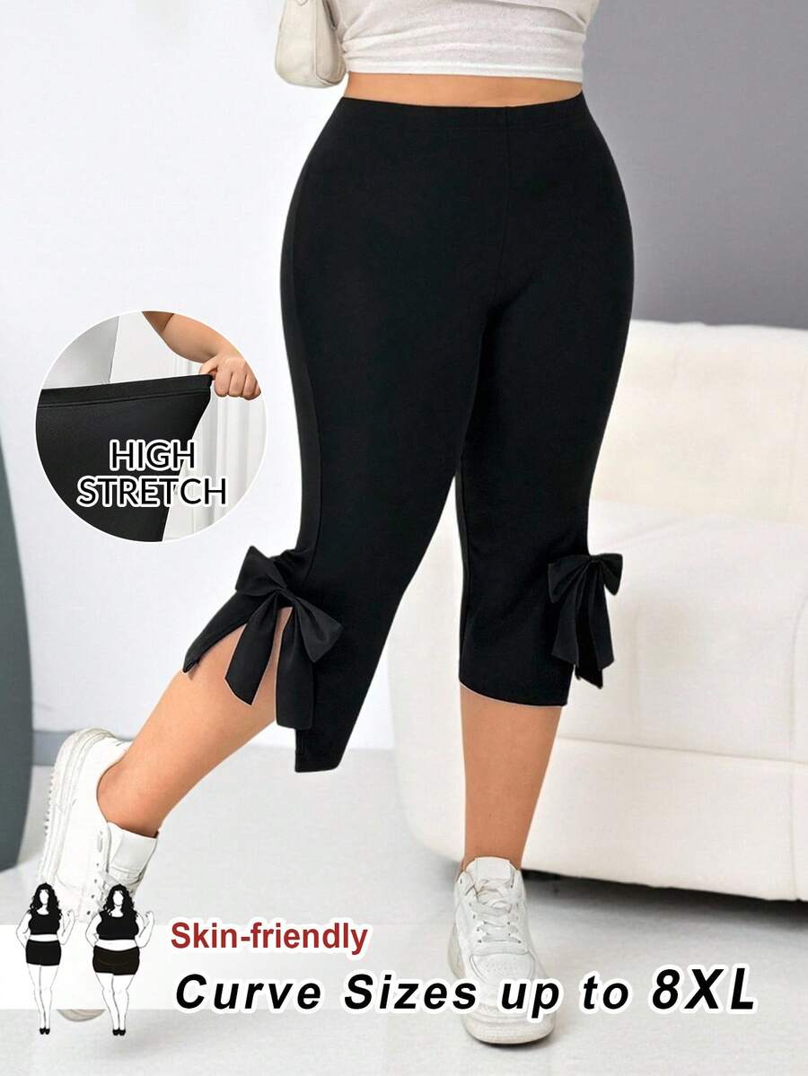 SHEIN CURVE+ 大码女装春夏休闲侧开衩蝴蝶结七分裤 - 黑色 - 查看 1