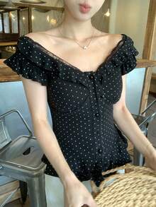 DAZY Women's Ruffled Polka Dot Korean Style Summer T-Shirt - Black - View 3