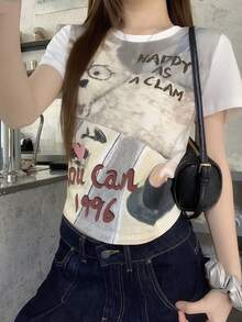 DAZY Women's Round Neck Cartoon Letter Print Casual Versatile Daily Wear Short Sleeve T-Shirt - Blue - View 2