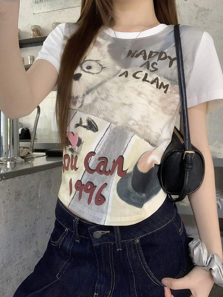 Women's Round Neck Cartoon Letter Print Casual Versatile Daily Wear Short Sleeve T-Shirt Graphic Tees Women Summer