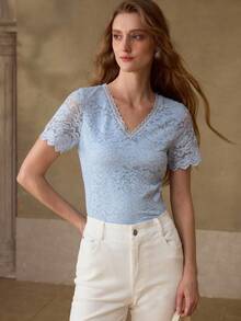 MOTF PREMIUM WOMEN'S LACE V-NECK SHORT SLEEVE FITTED T-SHIRT, SUMMER - Blue - View 5