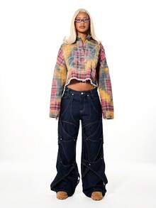 SUMWON WOMEN Women's Oversized Acid Wash Check Rhinestone Cropped Boxy Denim Jacket Fall Winter Button Up Distressed Raw Hem Vintage Style Trucker Jacket - Red - View 5