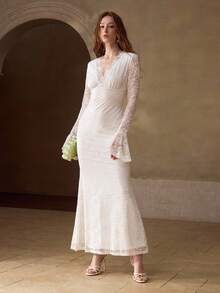 MOTF PREMIUM Đầm ôm sát cổ chữ V gợi cảm kiểu nàng tiên cá, đầm ren tuyệt đẹp độc đáo, 2026 - trắng - Xem 6