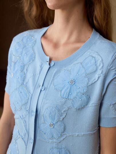 MOTF PREMIUM MESH PATCHWORK FLORAL PATTERN FAUX PEARL BEADED DECOR SHORT SLEEVE CARDIGAN