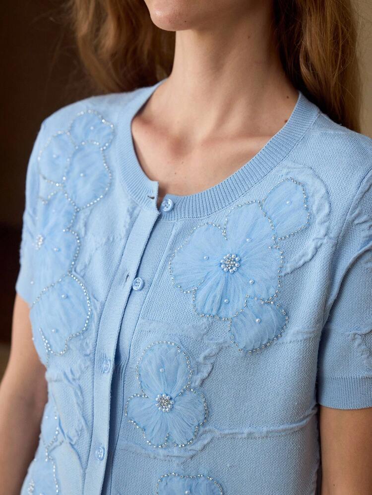 MESH PATCHWORK FLORAL PATTERN FAUX PEARL BEADED DECOR SHORT SLEEVE CARDIGAN