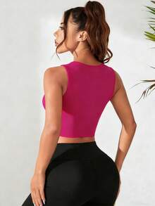 Easithlete 女士字母印花镂空设计休闲健身背心运动文胸上衣带衬垫运动上衣女士运动上衣女士运动服健身服女士上衣 - 玫紅色 - 查看 2