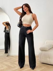SHEIN High Rise Straight Leg Denim Woman's Button Front Jean Black Everyday Autumn Casual Streetwear Back-To-School Night Work - Black - View 4