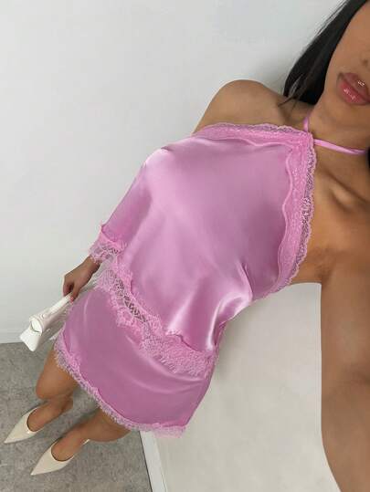 SHEIN Glamour Loose And Sweet French Style, Satin Fabric In Sakura Pink With Lace Trim, Adjustable Neck Tie, Relaxed Straight Silhouette Flatters The Figure, Elongates The Legs, Feminine Proportions, Women's 2-Piece Set, Suitable For Loungewear, Robe, Can Be Layered With Cardigans Or Blazers For Outings, Fits Casual Social Occasions Like Dates Or Hangouts With Friends Pink 2-Piece Set For Women Summer Pink Silk 2-Piece Set,Beach Vacation Outfit,Summer Outfits