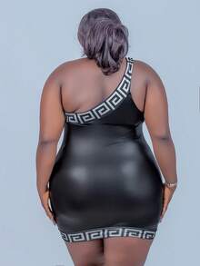 CurvyTilda 女士优雅单肩黑色针织紧身连衣裙，带几何图案，弹性皮革 - 黑色 - 查看 5