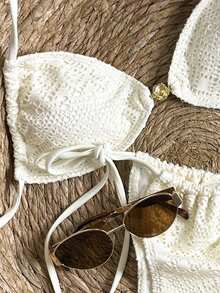 Swim Vcay Women's Ivory Spaghetti Strap Halter Sexy Vacation Style Bikini Swimwear 2 Pieces Set, Summer - Beige - View 8