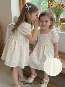 Cozy Pixies Baby Girl Cream White,Summer,Elegant,Baby Shower Vintage Style Puff Sleeve Dress,Solid Round Neck Cinched Waist Tea Party Outfit Ivory Casual Dress - Multicolor - View 2