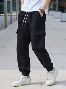 Manfinity Homme Men's Casual Solid Color Cargo Jogger Jeans - Black - View 1