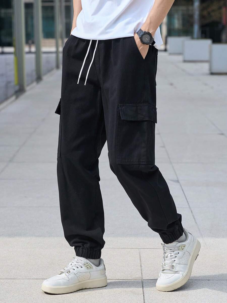 Manfinity Homme Men's Casual Solid Color Cargo Jogger Jeans - Black - View 1
