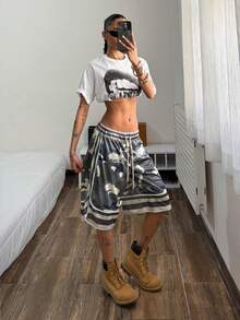 Muchica 女士字母迷彩印花抽绳腰宽松短裤 - 彩色 - 查看 4