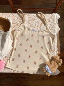 CovetEZ 两件套熊主题家居上衣套装，包含刺绣熊和印花熊图案，女士蕾丝拼接熊印花休闲吊带背心，漂亮上衣，两件装，夏季上衣，可爱上衣，夏季服装上衣 - 彩色 - 查看 4