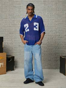 GALLERY FADE Męskie, casualowe, uliczne jeansy z ręcznie szytymi, zakrzywionymi nogawkami w kolorze niebieskim - Jasny jeans - Zobacz 6