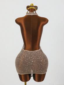 Swim SXY 女士镂空亮片露背吊带休闲沙滩罩衫 - 杏色 - 查看 2