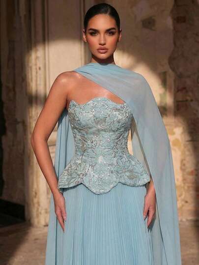 Glamrae Elegante y lujoso vestido con volantes de tul, parches de encaje y cuentas de perlas, adecuado para bodas, fiestas, vacaciones, bailes y galas (muy adornado)